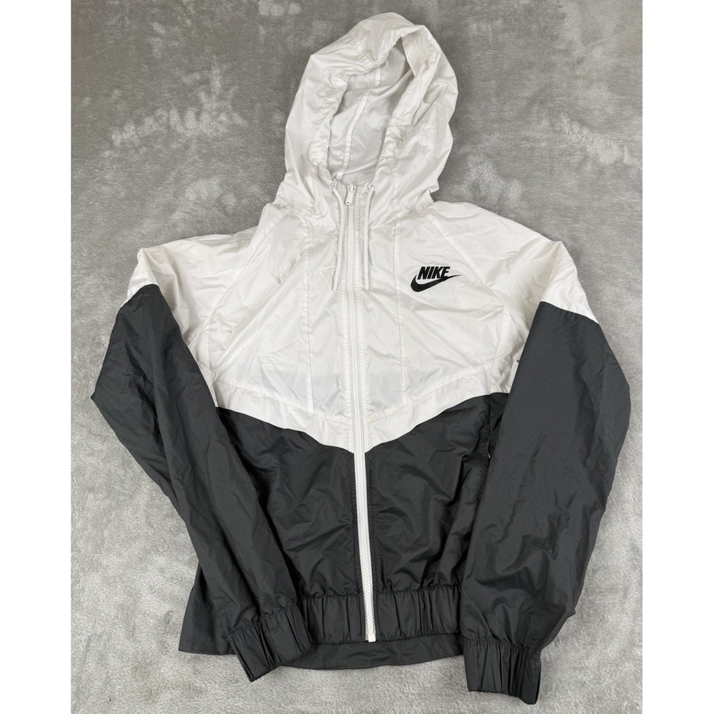 Nike Windrunner Jacket Womens Small Black White Hooded Full Zip Windbreaker